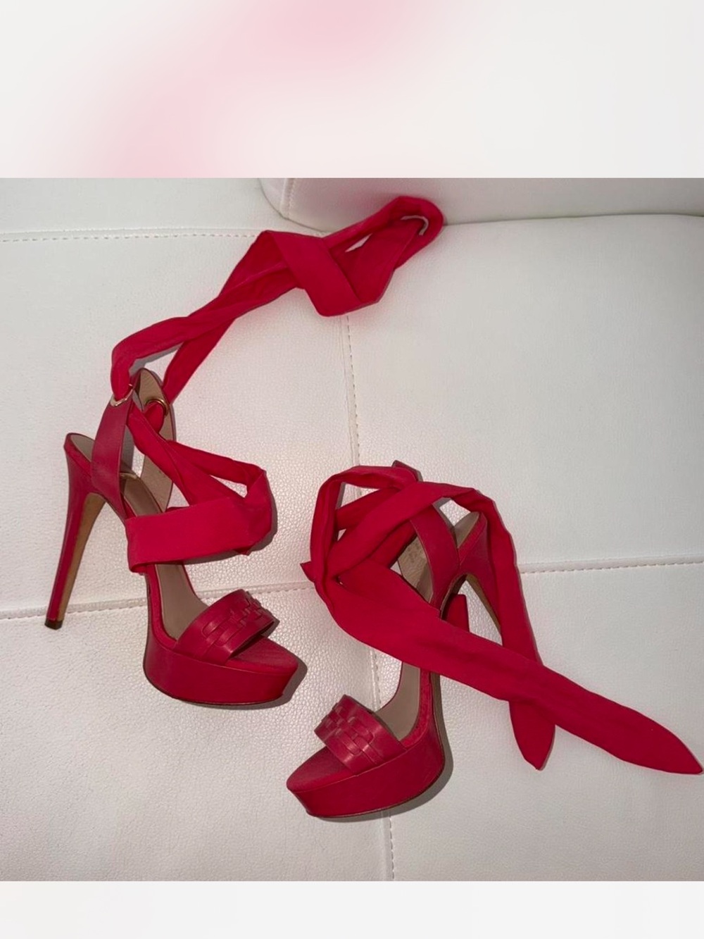 Marciano Red Lace-Up Platform Stiletto Sandals